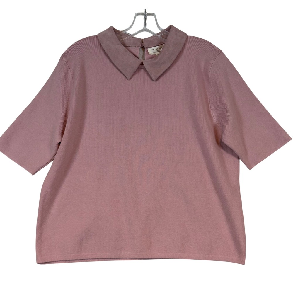 La Vila Milano Iris Mauve Knit Top Coquette Faux Suede Collar Short Sleeve *L*